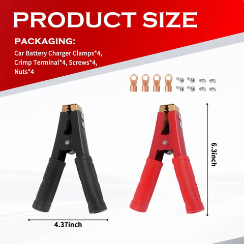Beast Grade Four Piece Alligator Clamps for 12 Volt rides, showing red and black clamps with 4.37" and 6.3" lengths.