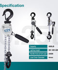Mini Chain Hoist 550 Pound Portable Lever Hoist 10ft 1/4 Ton Mini Puller With 3M Chain Hoist And 2 Heavy Duty Hooks Specifications