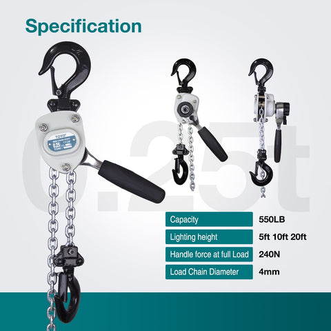 Mini Chain Hoist 550 Pound Portable Lever Hoist 10ft 1/4 Ton Mini Puller With 3M Chain Hoist And 2 Heavy Duty Hooks Specifications