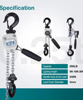 Compact Manual Chain Hoist One Quarter Ton 550 Lb Capacity With 5 Ft Lift Come Along For Small Machines Engines And Equipment, Handy Portable Hand Lifter For Tight Spaces And Field Work. Specification image with 4mm load chain and hooks