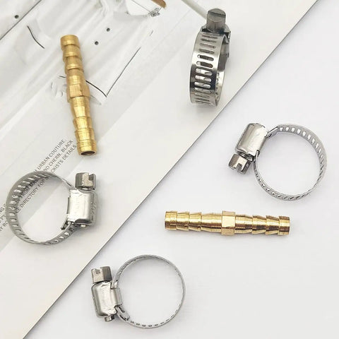 Brass Hose Barb Fittings Repair Kit for Water, Fuel and Air Lines Includes Two Pcs One Quarter Inch Six Millimeter Brass Barb Splicer Menders and Four Stainless Steel Pipe Clamps Beefed Up Durable Fuel Line Connector Fittings for Leak Free Quick Fix.