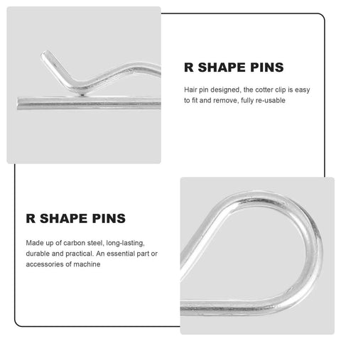20 Pcs Carbon Steel R Clip Cotter Pins Kit For Trailers Mowers Tractors Fasteners Spring Hairpin Clips Assortment Set All In One M2 To M4 Sizes Heavy Duty Hardware, detailed view of R shape pins showing carbon steel construction.
