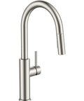 Sleek High Arc Kitchen Faucet With Pull Down Sprayer And Slick Brushed Nickel Finish, modern design with a single lever.