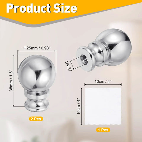 Two Ball Lamp Finials In Silver Metal One And A Half Inch Tall With Standard Harp Thread Quarter Inch By Twenty Seven Fits Most Lamps Includes Cleaning Cloth Your Go To Table And Floor Lighting Decor showing product dimensions.