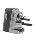 Compact Electric Bistro Style Espresso And Cappuccino Maker With Durable Glass Carafe for home bar sessions in sleek silver housing.