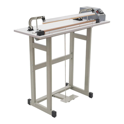 Heavy Hitter 22 Inch Foot Pedal Heat Sealer Machine 850 Watt Bag Impulse Sealer on a sturdy workbench.