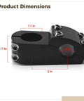 Black Aluminum Bike Stem 50Mm Length With 7 Degree Handlebar Angle, showing detailed dimensions and bolt placements.