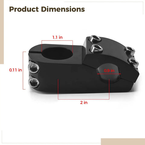 Black Aluminum Bike Stem 50Mm Length With 7 Degree Handlebar Angle, showing detailed dimensions and bolt placements.