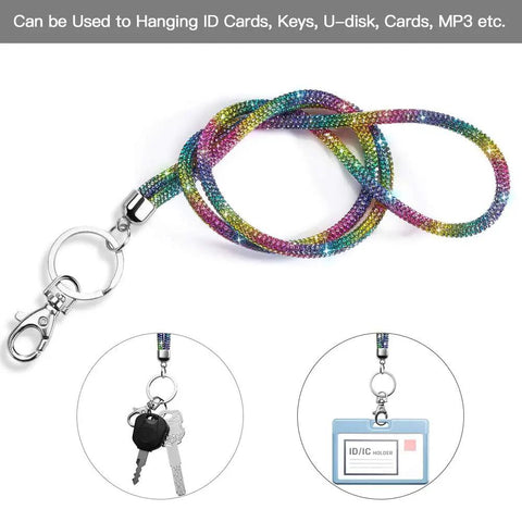 Rainbow Crystal Lanyard For ID Card Holder 34.8 Inch All Around Bling Necklace Strap With Silicone Diamond Badge Reel For Women