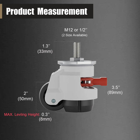Product measurement detail of Heavy Duty Leveling Casters With Ratchet Handle Set Of Four height adjustable wheels.