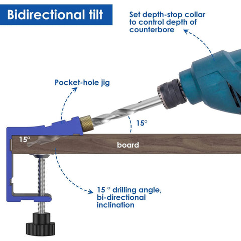 Pocket Hole Jig Kit With Adjustable Punch Locator And 15 Degree Drill Guide attached to a board, showing bidirectional tilt.