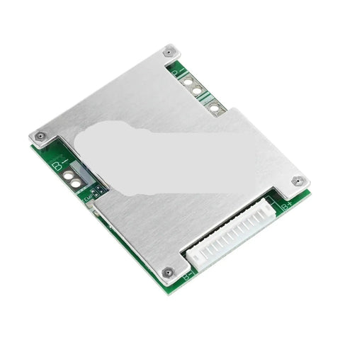 Built Tough 13S 48V BMS Board For 18650 Lithium Packs shown from above with silver casing and green circuit board.