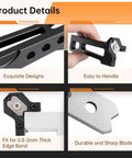 Compact Edge Band Trimmer Tool details showing handle, 0.8-2 mm edge fit, durable steel alloy construction, and sharp blade.