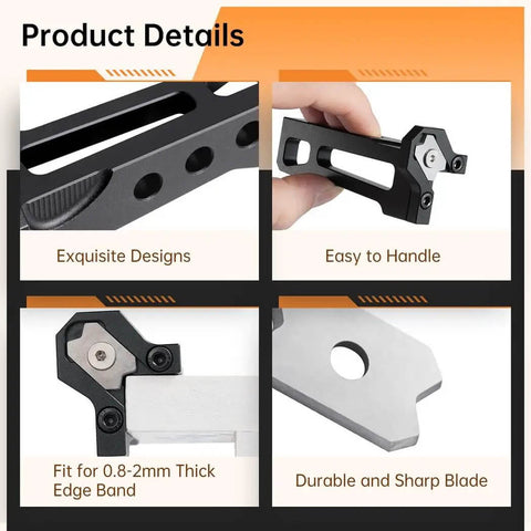 Compact Edge Band Trimmer Tool details showing handle, 0.8-2 mm edge fit, durable steel alloy construction, and sharp blade.