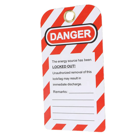 Lockout Tag Rewritable Safety Sign for Industrial Job Sites, red and white danger label with writable space.