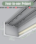 Four in One Curtain Track System With Pelmet And Optional Light Belt, Custom Length For Living Room Bedroom And Kitchen, Easy Install Aluminum Rails, Smooth Operation And Clean Modern Look displayed on diagram with dimensions