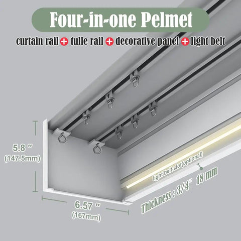 Four in One Curtain Track System With Pelmet And Optional Light Belt, Custom Length For Living Room Bedroom And Kitchen, Easy Install Aluminum Rails, Smooth Operation And Clean Modern Look displayed on diagram with dimensions