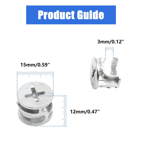 Heavy Duty Cam Lock Fittings For Furniture Assembly 10 Piece Pack Of Rust Proof Nickel Plated Carbon Steel Locking Nuts displayed with dimensions.