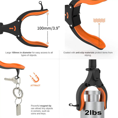 Two Pack 32 Inch Grabber Reacher Tool With Light For Easy Pickup Long Reach Trash Picker With 90 Degree Rotating Head Foldable Grab Tool Magnetic Claw Grip Orange Color Senior Friendly Helper