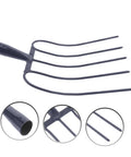 Handheld Manure Fork For Farm And Home Use, iron pitchfork design, dark blue, close-up of tine details, multi-functional yard tool