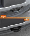 Before and after of Ford F150 Tow Hook Cover Wrap 2 Piece Black U Shaped Front Bumper Protector Rubber Exterior Styling