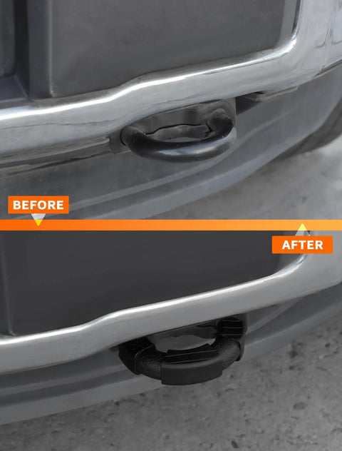 Before and after of Ford F150 Tow Hook Cover Wrap 2 Piece Black U Shaped Front Bumper Protector Rubber Exterior Styling