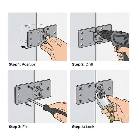 Installation steps for Heavy Duty Puck Lock And Hasp With Hidden Shackle High Security Steel Padlock Keyed Alike Includes 2 Keys.