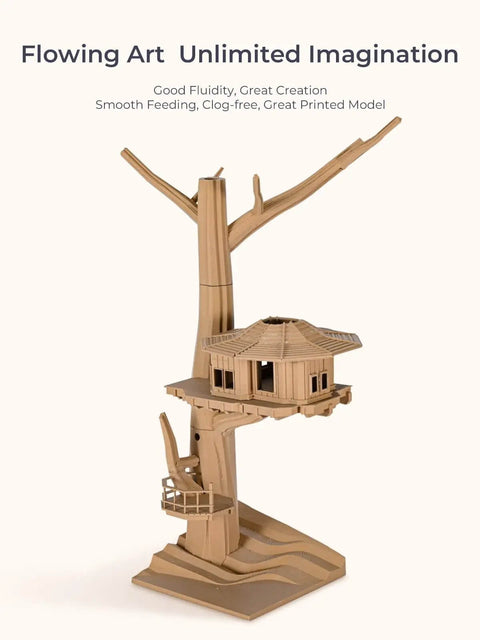 3D-printed treehouse model using Wood Filament PLA for 3D Printing, 1.75 mm diameter, featuring a smooth silk finish and real wood look