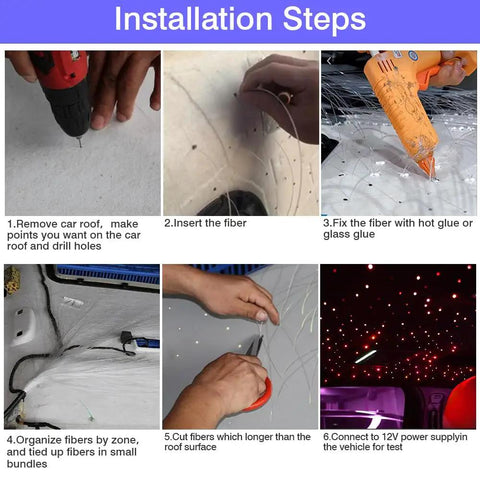 Installation steps for Lit 16W RGBW Bluetooth App Controlled Fiber Optic Star Ceiling Kit With Music Sync in a car headliner