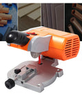 No Sweat Mini Benchtop Chop Saw 45 Degree Miter Angle Cutter for precise wood and metal cutting, featuring adjustable base and sharp blade.