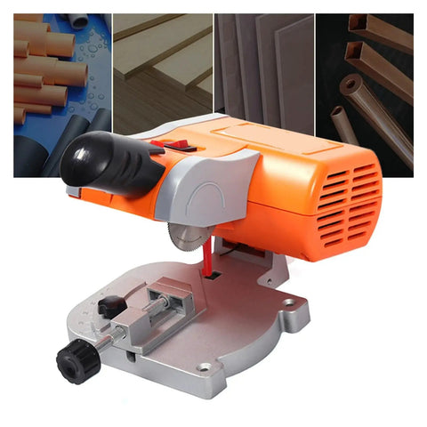 No Sweat Mini Benchtop Chop Saw 45 Degree Miter Angle Cutter for precise wood and metal cutting, featuring adjustable base and sharp blade.