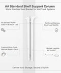 Adjustable Shelving Support For AA Wall Tracks In White Stainless Steel Bracket Column with features and dimensions displayed