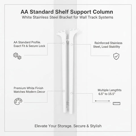 Adjustable Shelving Support For AA Wall Tracks In White Stainless Steel Bracket Column with features and dimensions displayed