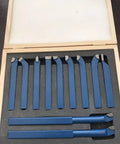 Top Shelf 11 Piece Tungsten Carbide Lathe Turning Tool Set With Heavy Duty Boring Bars And Roughing Grooving Inserts Built Tough for mini lathe work, displayed in a wooden case.