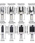 8 Piece Heavy Duty Carbon Steel Wood Plug Cutter Set With Four Tooth Chamfered Bits, assorted sizes and designs for precision cutting.