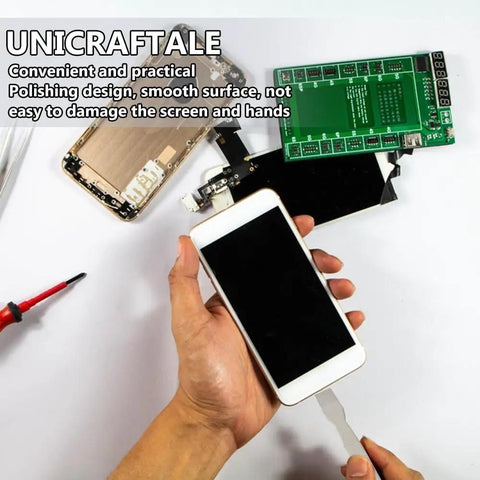 12 Piece Opening Pry Tools Set Made of Stainless Steel With Flat Head and Crowbar Style Pry Tools for Phone and Tablet LCD Screen Repair Durable DIY Prying Kit for Quick Fixes Maintenance and Easy Screen Access being used to open a smartphone LCD screen.
