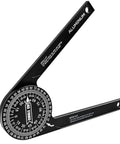 Hella Tough CNC Machined Aluminum Miter Saw Protractor And Rapid Angle Finder With Laser Engraved Scales on a black aluminum body.