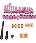 46 Piece WP 9 20 25 Welding Torch Consumables Kit with ceramic nozzles, gas lenses, replacement parts displayed.