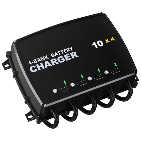 4-Bank Marine Battery Charger With Waterproof, Rugged Setup, 10A Per Bank, 12V Multi-Mode Charging For AGM, LiFePO4 And Deep-Cycle Batteries, Ideal For Boats, Yachts, And Marine Electronics