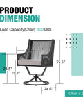Product dimensions for Outdoor Swivel Dining Chairs Set Of 2 With Cushions All Weather Wicker Patio Chairs, showing size and capacity.