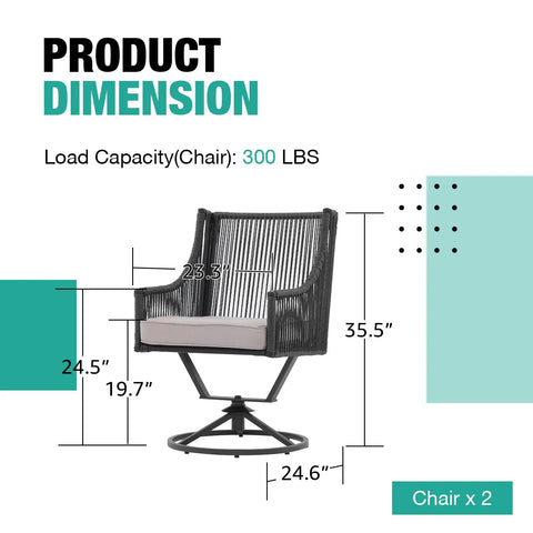 Product dimensions for Outdoor Swivel Dining Chairs Set Of 2 With Cushions All Weather Wicker Patio Chairs, showing size and capacity.