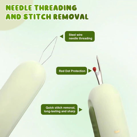 Lightweight ABS Needle Threader And Seam Ripper Tool 3 Piece Set In One Dual Head Design For Quick Threading Stitching And Hand Sewing Tasks Super Handy For Crochet And Craft Fans, close-up of steel wire needle threader and seam ripper tip