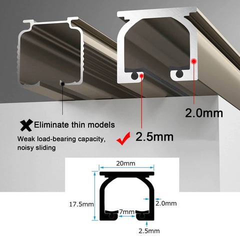 Heavy Duty Aluminum Curtain Track System 90cm Ceiling Or Wall Mount For Heavy Curtains And Sliding Panels In Black Finish, Adjustable 50cm To 600cm, Rustproof Waterproof With Stainless Steel Track For Built To Last Durable Home Or Office Use close-up diagram showing thickness comparison