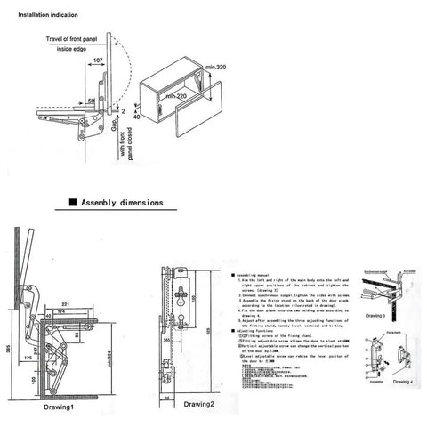 Technical diagram of Smooth Pneumatic Lift For Overhead Cabinets With Vertical Swing Action detailing assembly dimensions and installation.