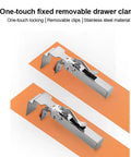 Rock Solid Adjustable Drawer Clamp 21 To 50Mm Wide Single Press Alloy Steel Stabilizer on an orange background, highlighting stainless steel design.