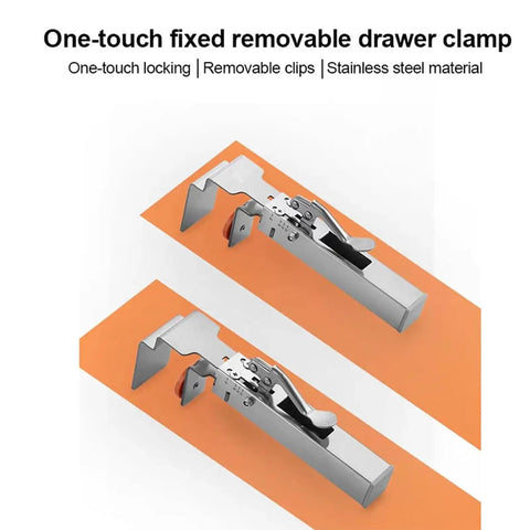Rock Solid Adjustable Drawer Clamp 21 To 50Mm Wide Single Press Alloy Steel Stabilizer on an orange background, highlighting stainless steel design.