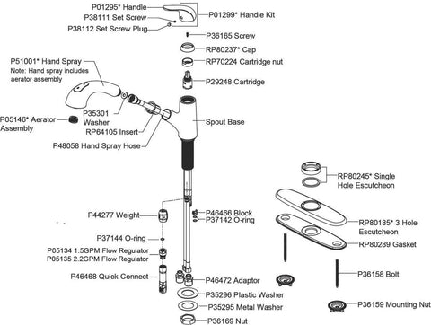 Diagram of Everyday LK5000CR Single Hole Deck Mount Kitchen Faucet With Pull Out Spray And Lever Handle Chrome Finish components.