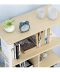 Totally Solid 5 Tier Industrial Bookcase In Premium Walnut Finish with books, clock, and decor on top shelf view.