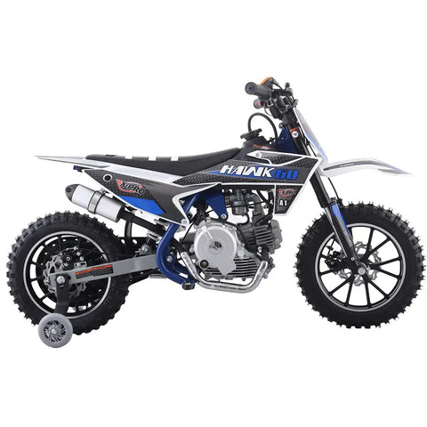 X-Pro Hawk 60cc Youth Dirt Bike In Pink featuring smooth automatic CVT transmission and training wheels for beginners.