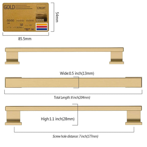 Diagram showing Ten Pack Champagne Bronze Cabinet Knobs Heavy Duty Drawer Pulls 8 inch length, 7 inch center to center for cabinets.